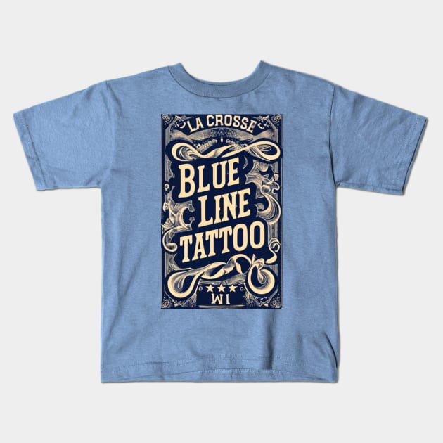 Blue Line Tattoo La Crosse WI Fancy Scrollwork Vintage Style Kids T-Shirt by BlueLine Design